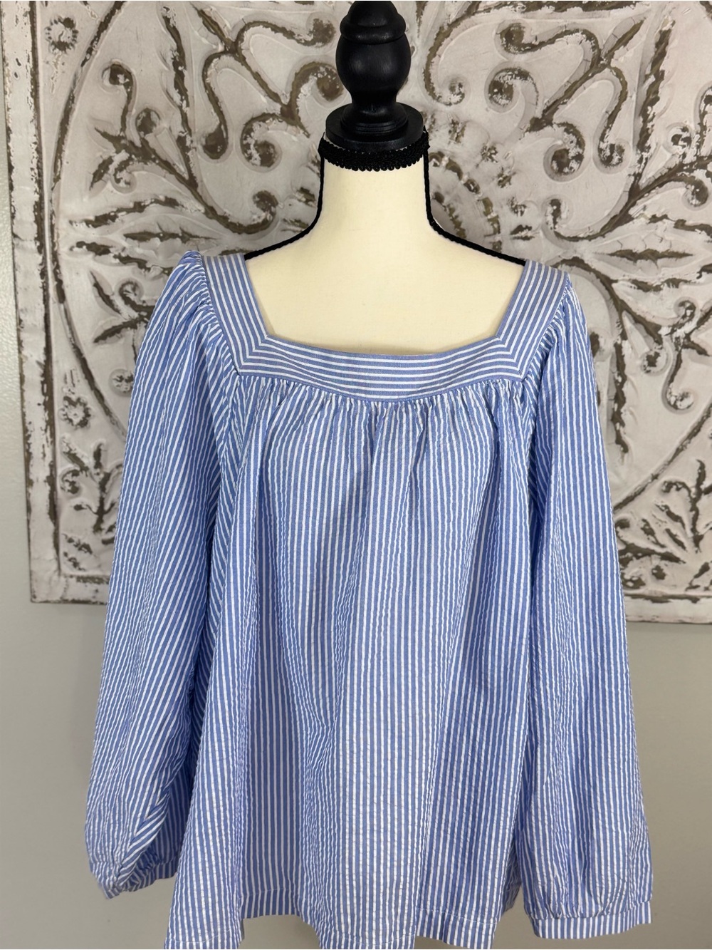 Terra & Sky Blue & White Striped Peasant Blouse – Women’s 2X